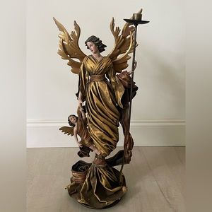Large gold angel candle holder, fabric, metal, resin 25 inches tall